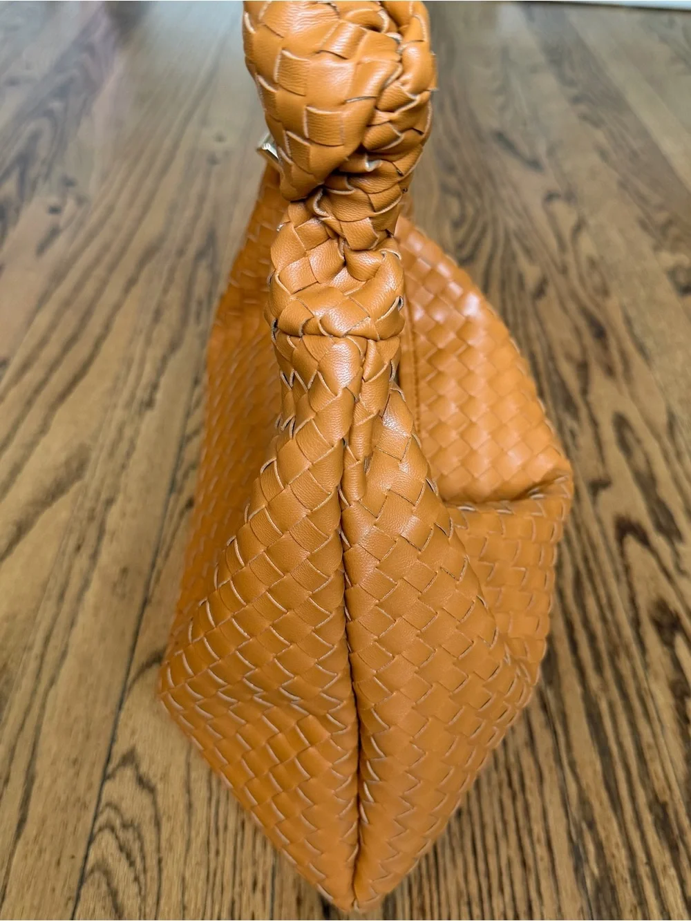 Melie Bianco Hobo Bag Vegan Leather Woven Purse Zipper - Caramel Tan